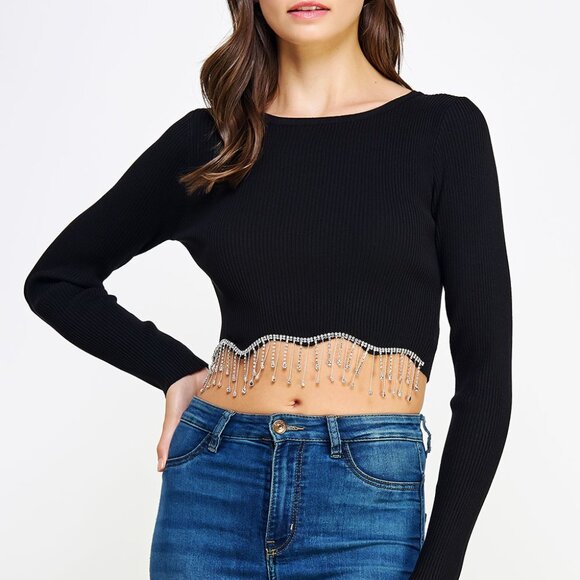 NEW Rhinestone Trim Fringe Holiday Sparkle Long Sleeve Knit Sweater Crop Top - Picture 6 of 8